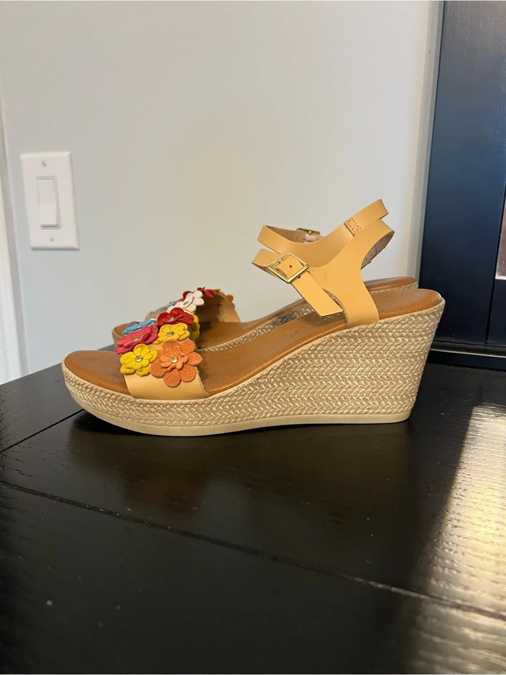 Floral Multi-Color Leather Wedge Sandals - Women